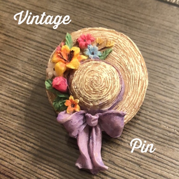 Vintage Jewelry - Vintage Resin Straw Hat Pin with Flowers, Purple Bow, Bonnet